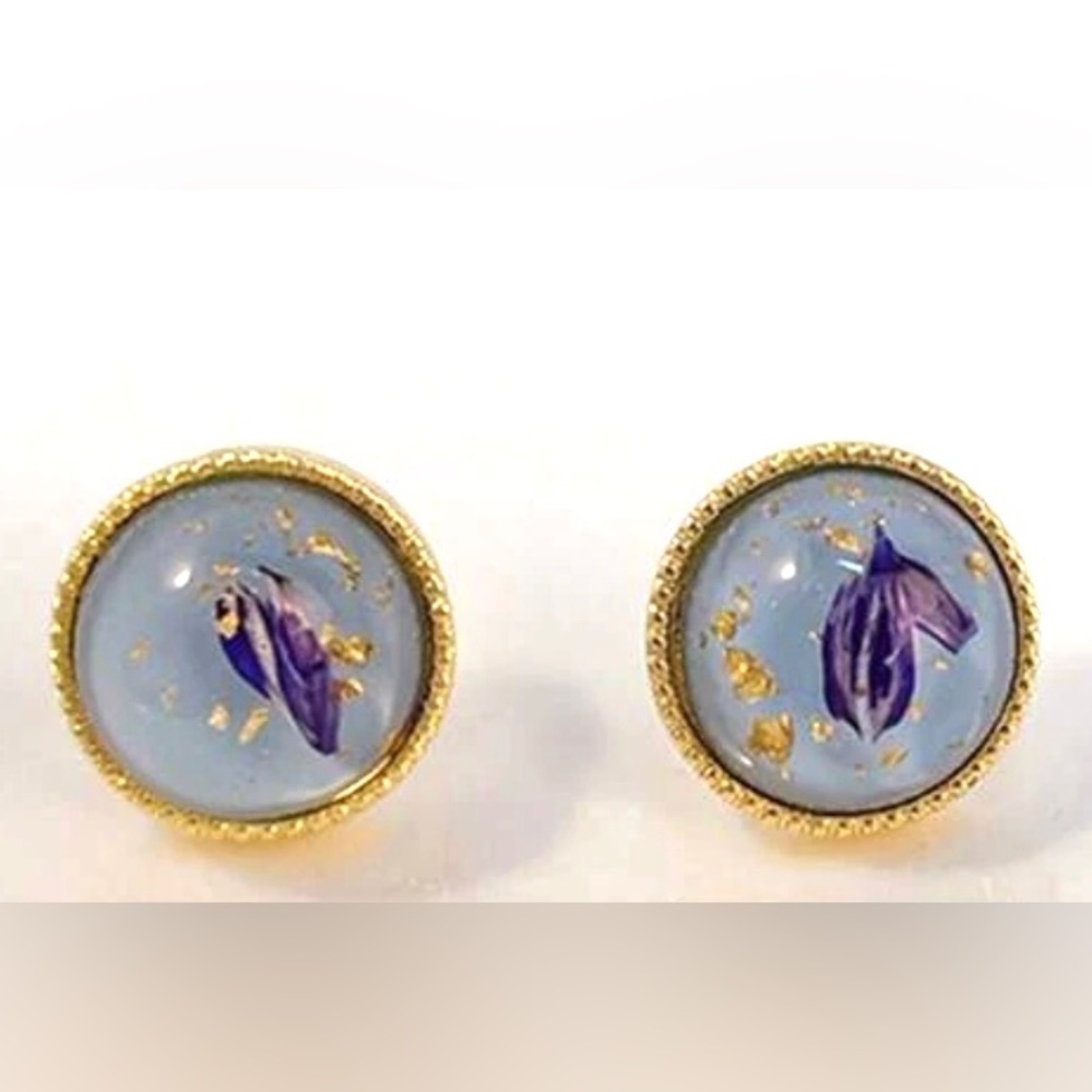 “Navy Calla Lily Petals” Blue Pressed Preserved Dried Flower Gold Flake Orb Stud - Picture 10 of 14